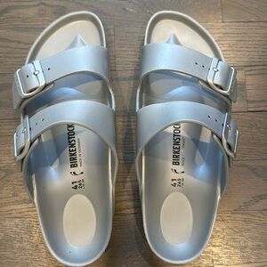 Silver Arizona Essentials Birkenstocks, Size 41